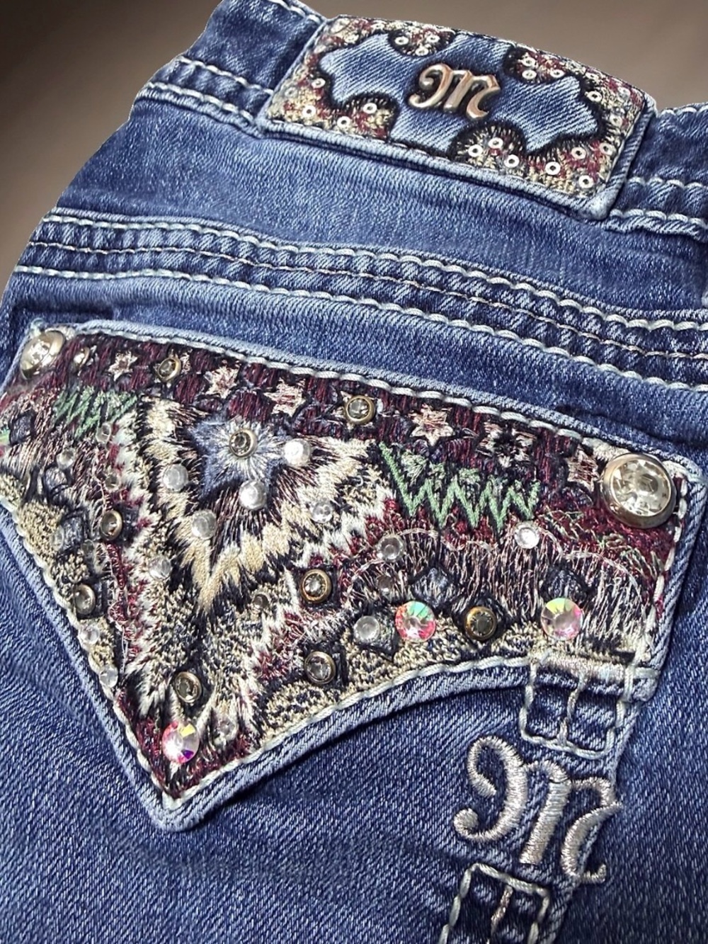 Womens Miss Me Jeans Size 27 x 34 Long Boot Embellished Y2K Rhinestone Blue